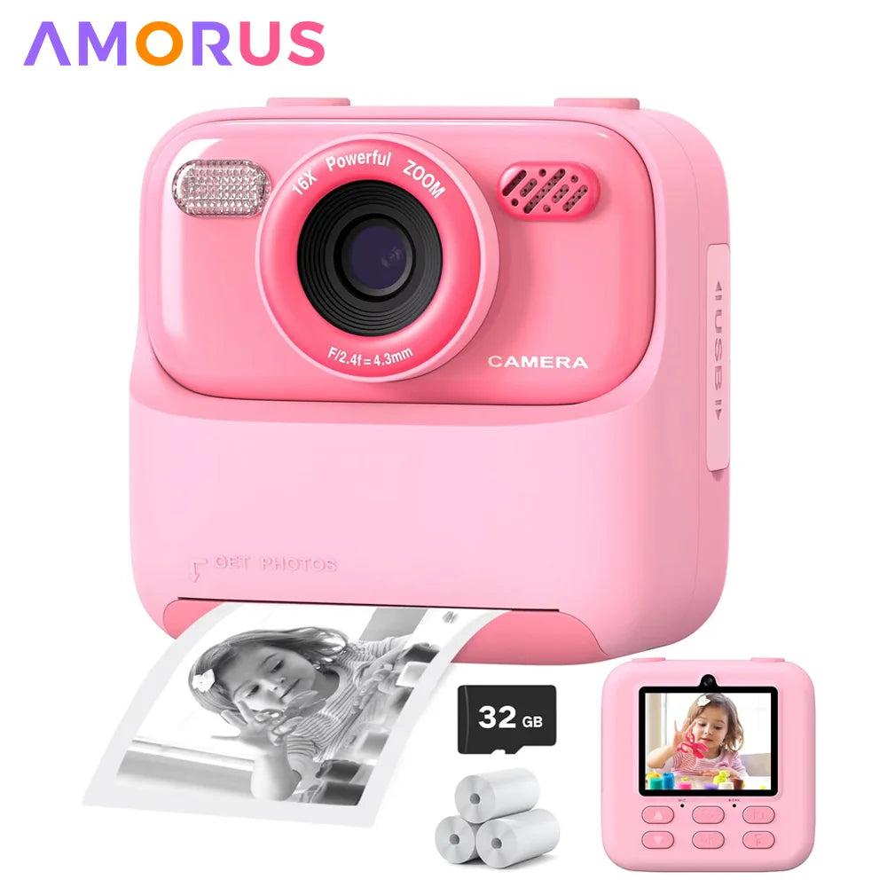 AMORUS Kids Instant Camera 1080P HD – Dual Lens Selfie Digital Camera with 32GB for Boys & Girls – Christmas & Birthday Gift Toy
