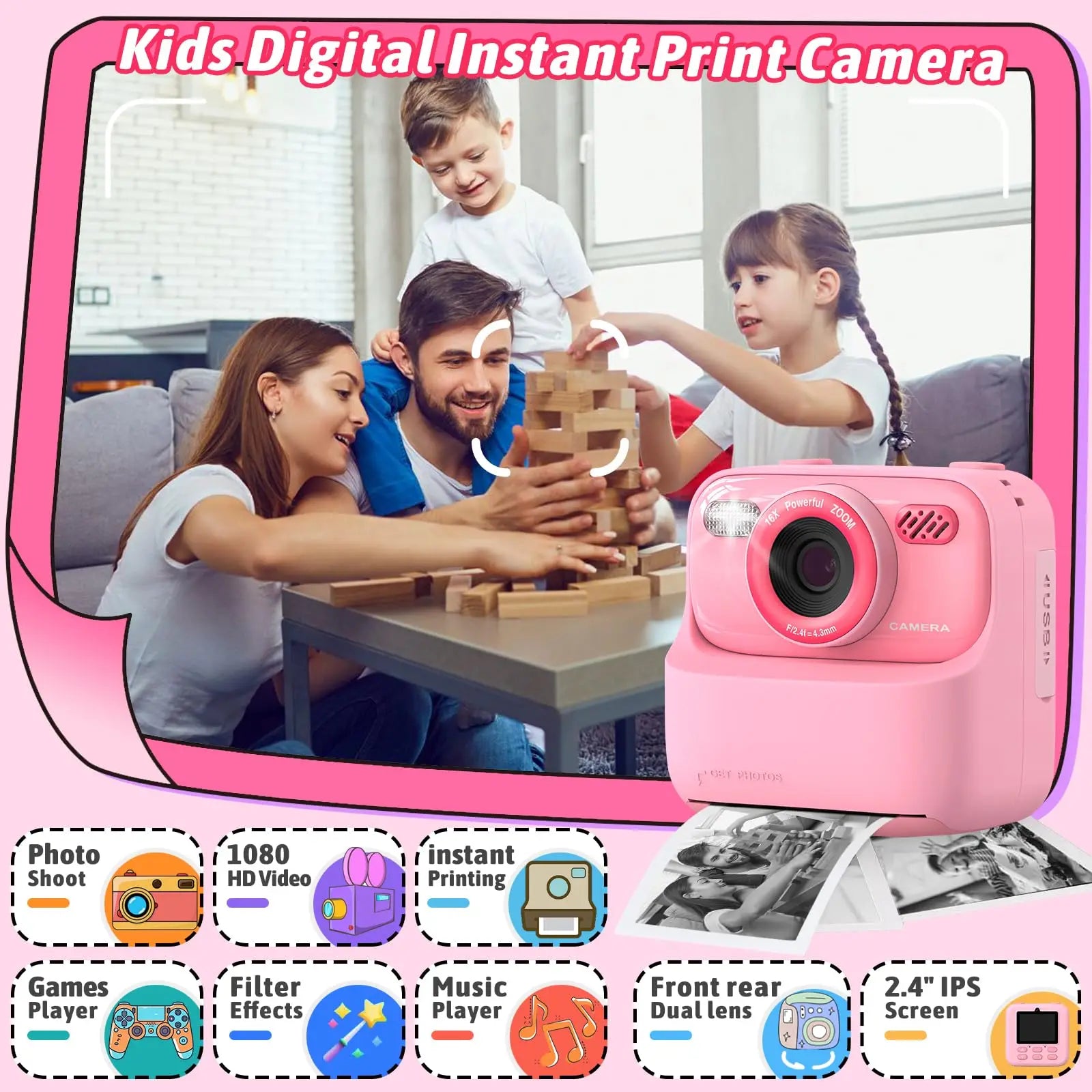 AMORUS Kids Instant Camera 1080P HD – Dual Lens Selfie Digital Camera with 32GB for Boys & Girls – Christmas & Birthday Gift Toy