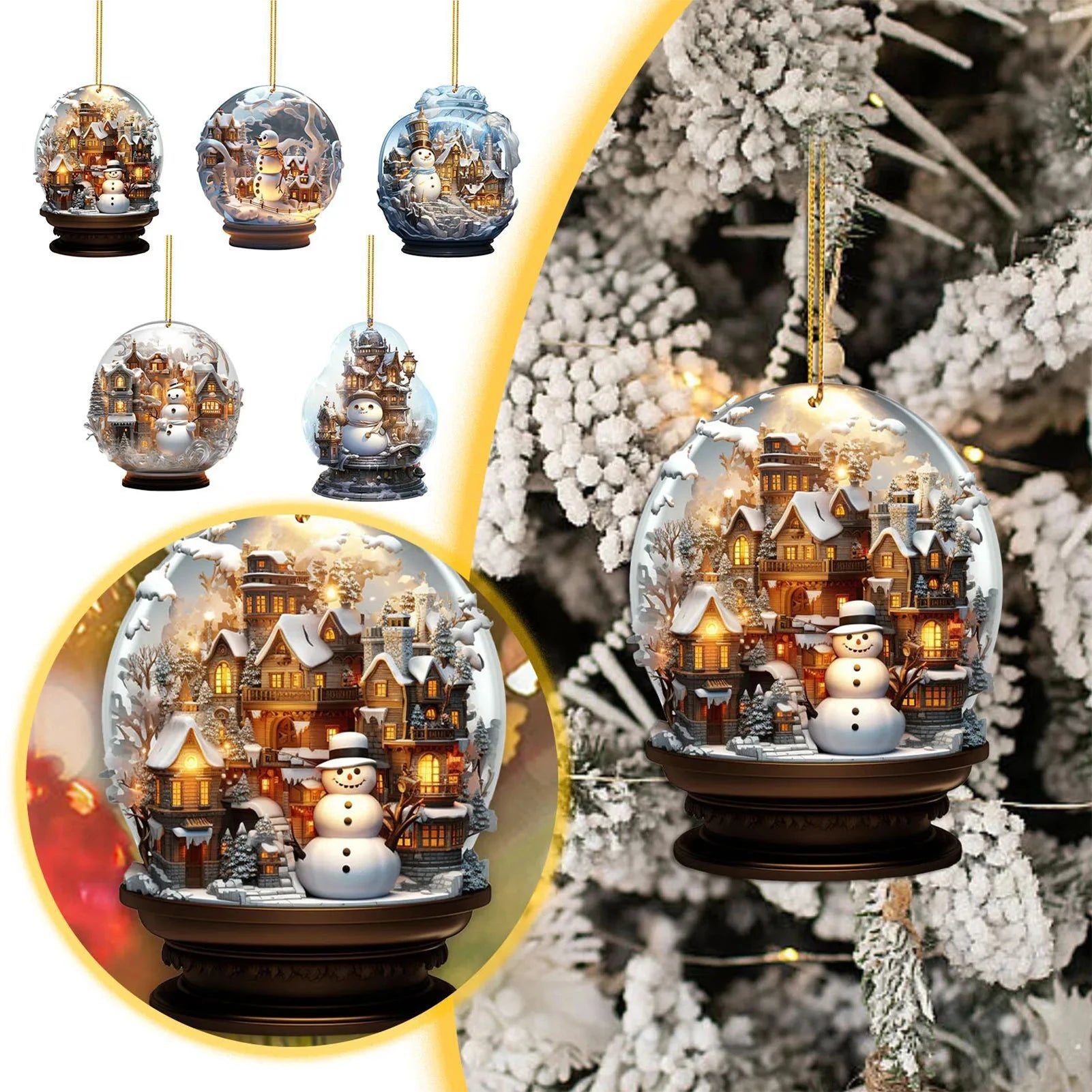 2D Mini Christmas Acrylic Ornaments – Flat Snowman & Snowflake Imitation Glass Ball Pendant for Xmas Tree & Car Decoration