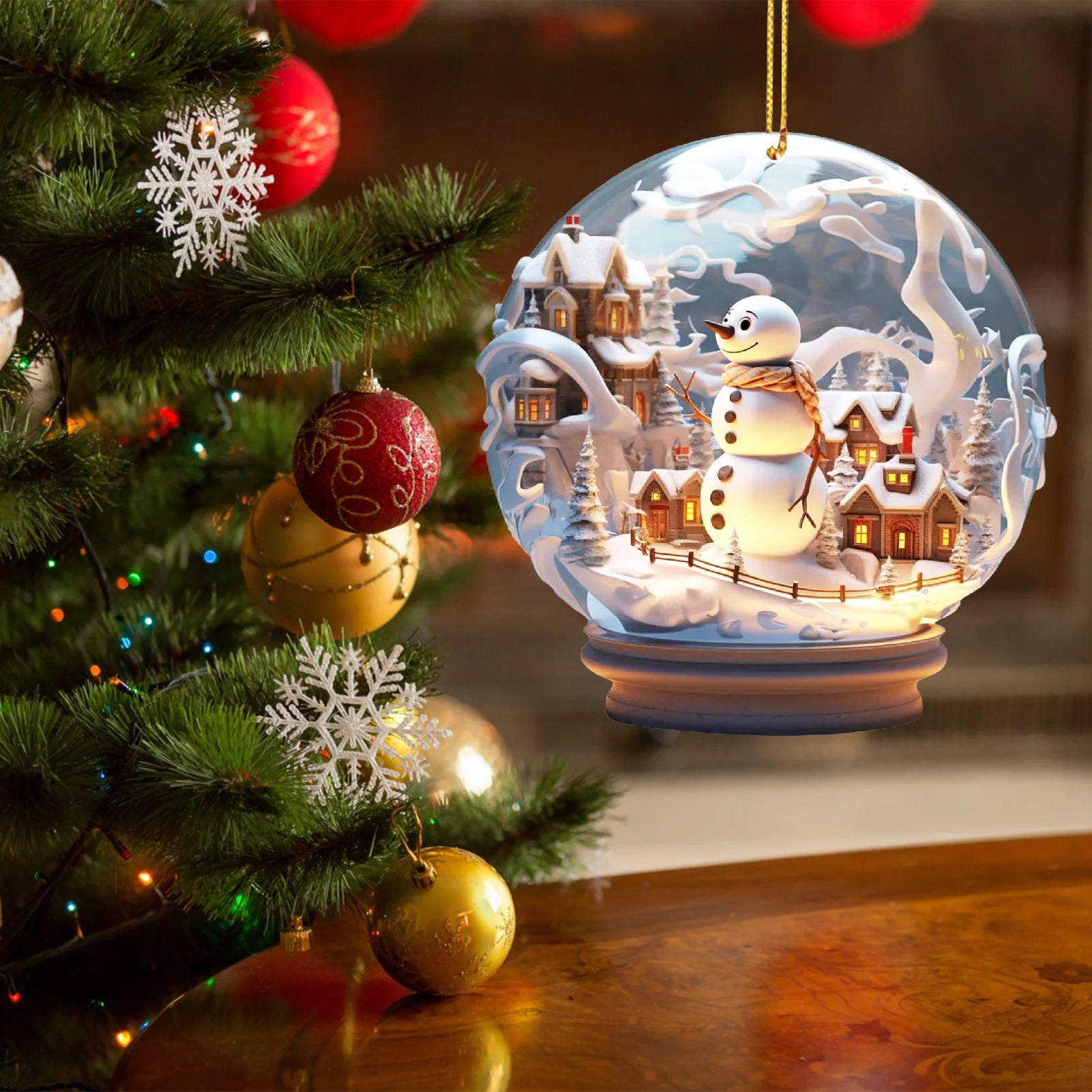 2D Mini Christmas Acrylic Ornaments – Flat Snowman & Snowflake Imitation Glass Ball Pendant for Xmas Tree & Car Decoration